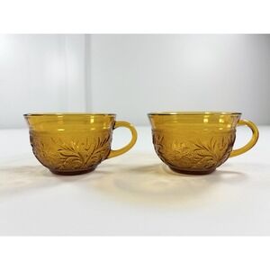 2 Vintage Anchor Hocking Glass Amber Tiara Daisy Sandwich Mugs Cup Retro Barware